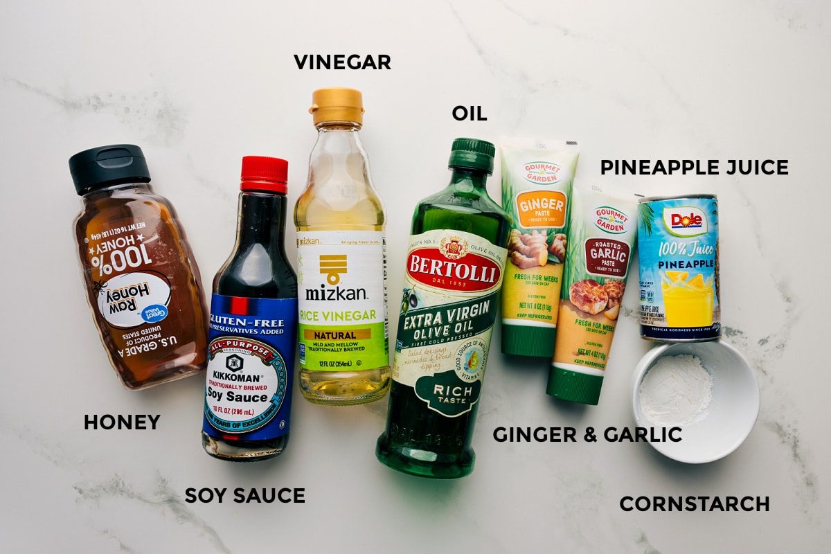 The marinade/sauce ingredients prepped out including the honey, soy sauce, vinegar, oil, ginger, garlic, pineapple juice, and cornstarch.