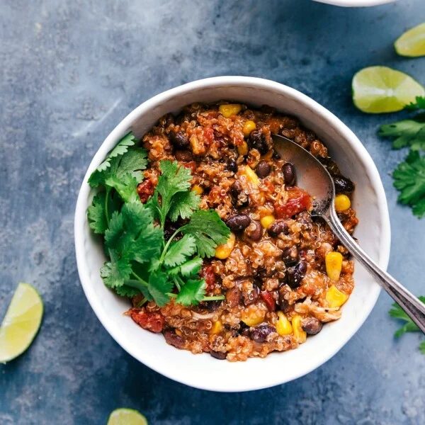 slow cooker quinoa chili topped with fresh cilantro ready to eat.