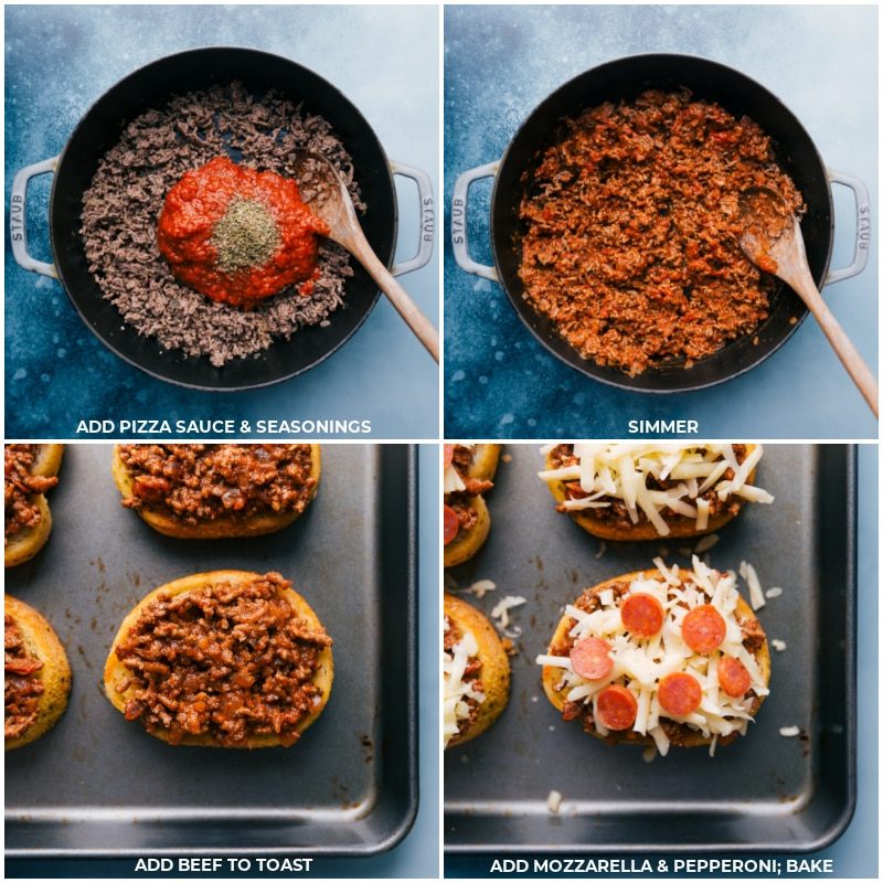 Process shots of Texas toast pizza-- add pizza sauce and seasonings; simmer; add to the toast; top with mozzarella and pepperoni; bake.