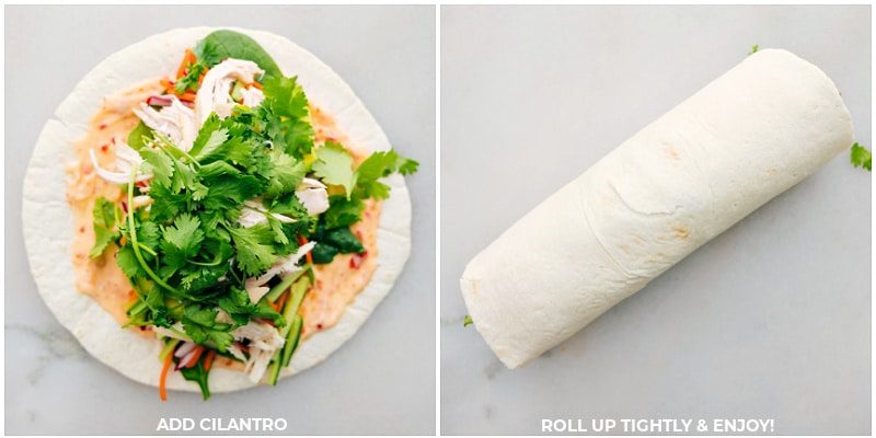 The tortilla being wrapped tightly for these Thai Chicken Wraps.