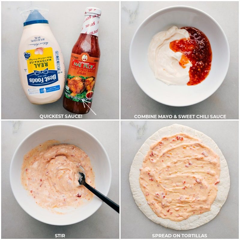 Mayo and sweet chili sauce being combined and spread on a tortilla for these Thai Chicken Wraps.