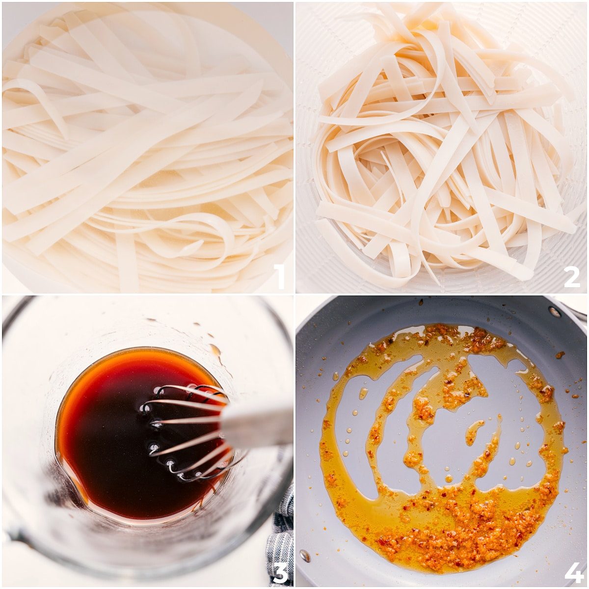 The noodles being cooked and the sauce being whisked together for this Thai drunken noodles recipe.