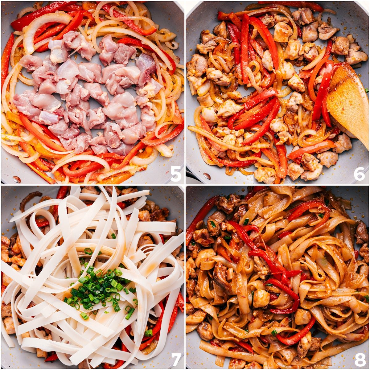 The chicken, peppers, and onions being cooked through and the cooked noodles added in.