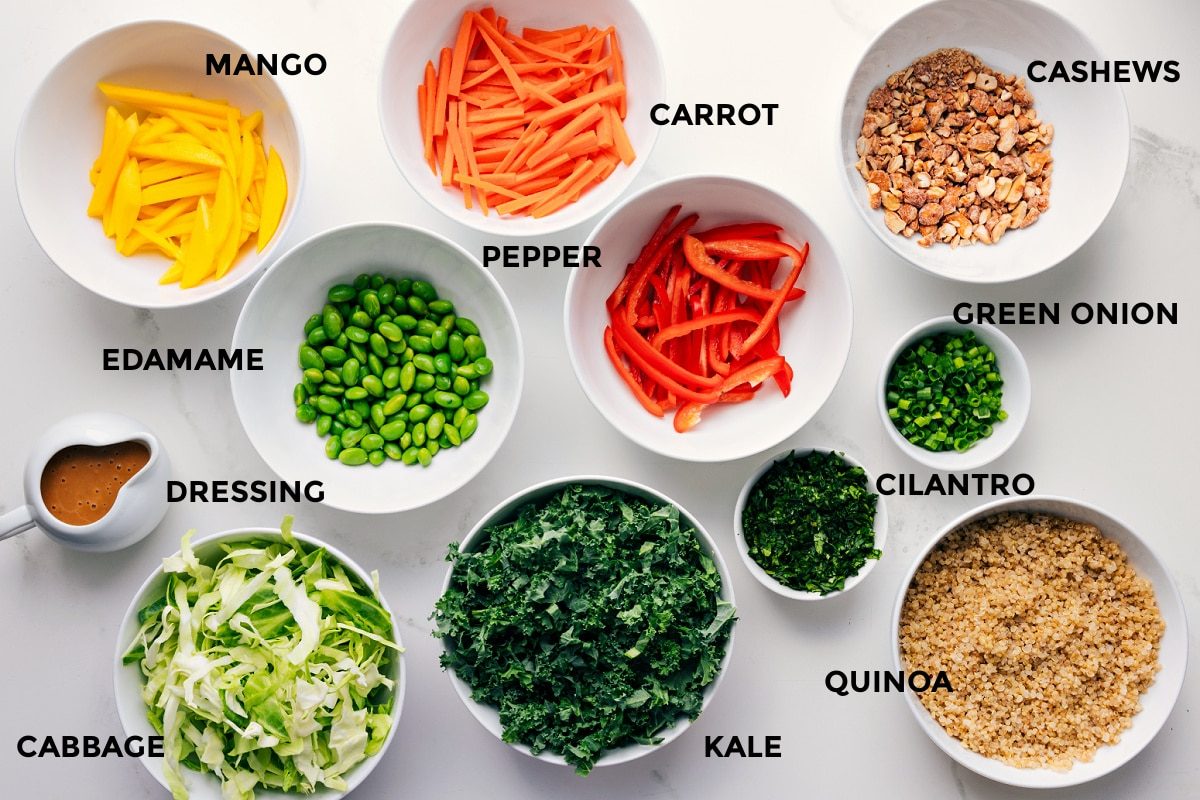 All the ingredients in this recipe prepped out for straightforward assembly including the mango, dressing, cabbage, edamame, pepper, carrot, kale, cilantro, green onion, quinoa, and cashews.