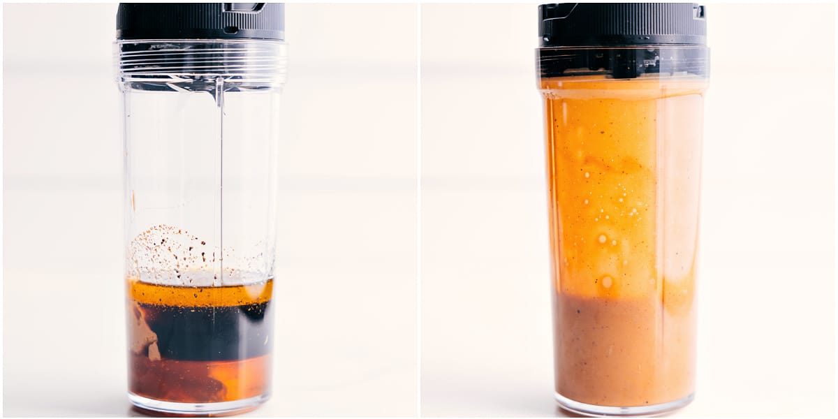 The dressing blended together in a blender bottle.