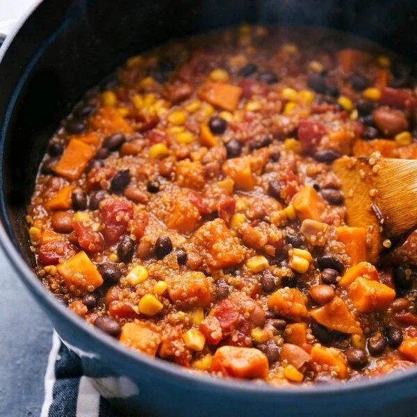 Quinoa chili in a pot, warm and ready to be served, offering a hearty and satisfying meal with a healthy twist.