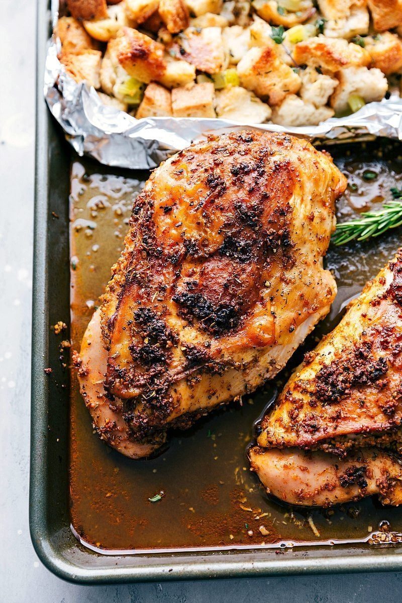 evenly cooked turkey on a sheet pan, beautifully browned and seasoned.