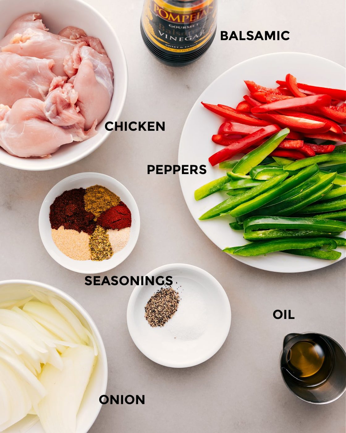 Prep all the ingredients in this recipe for straightforward assembly, including the meat, peppers, seasonings, balsamic, oil, and onions.