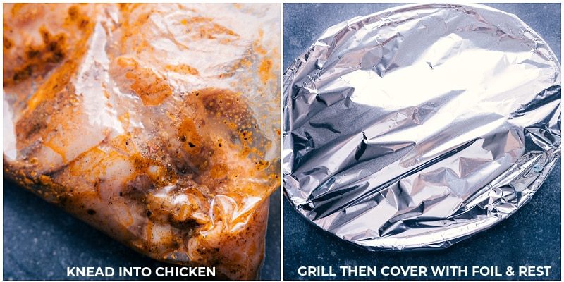 Chicken fajita marinade on the chicken marinating and then the chicken grilled up.