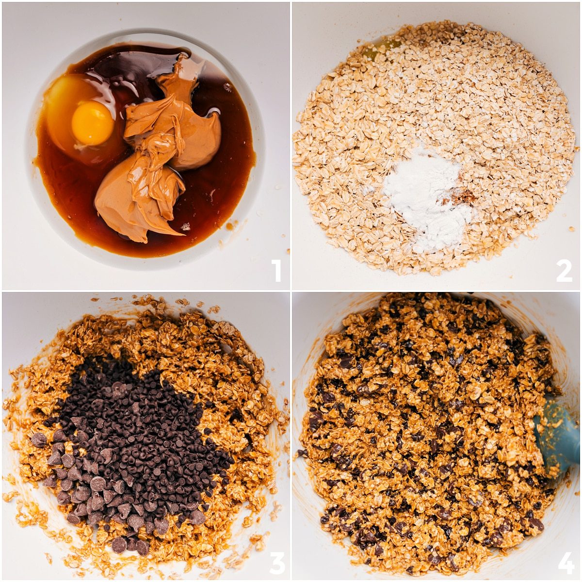 Wet ingredients for Healthy Oatmeal Chocolate Chip Cookies being whisked, then dry ingredients added and mixed until combined.