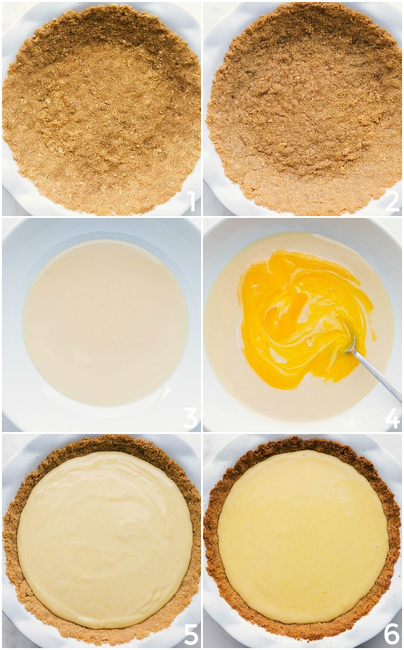 Carefully placing the graham cracker crust and pouring the luscious filling onto the crust to complete the satisfying recipe.
