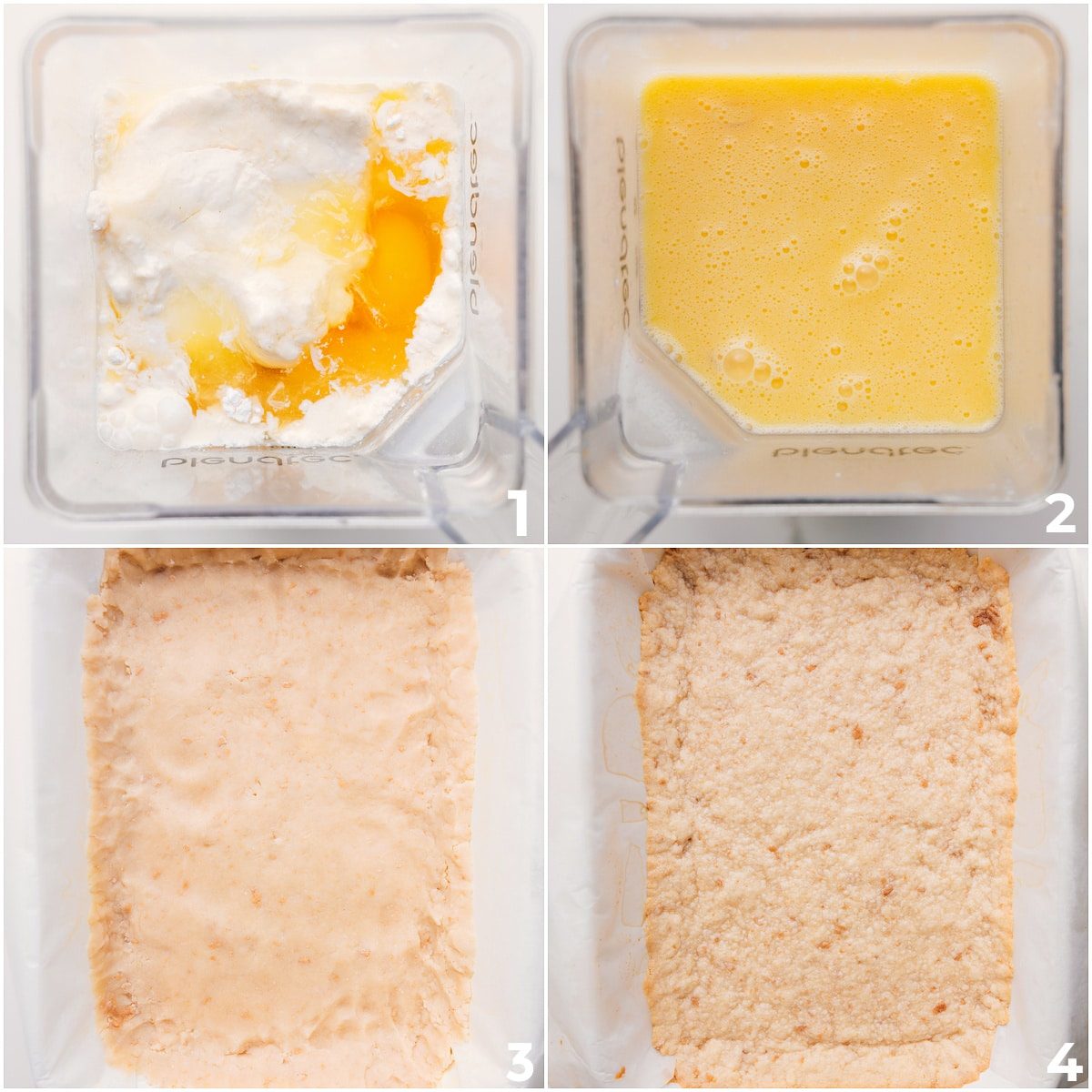 Lemon filling ingredients added to a blender and blended together, while the base crust bakes in a pan for this lemon bars recipe.