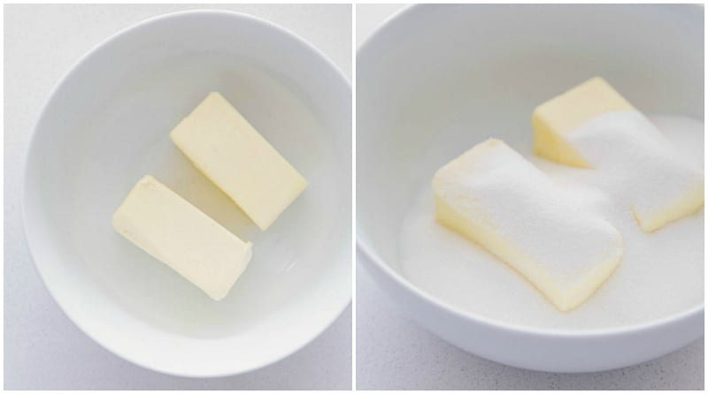 The butter and sugar added to a bowl and it all creamed together for the dough base.