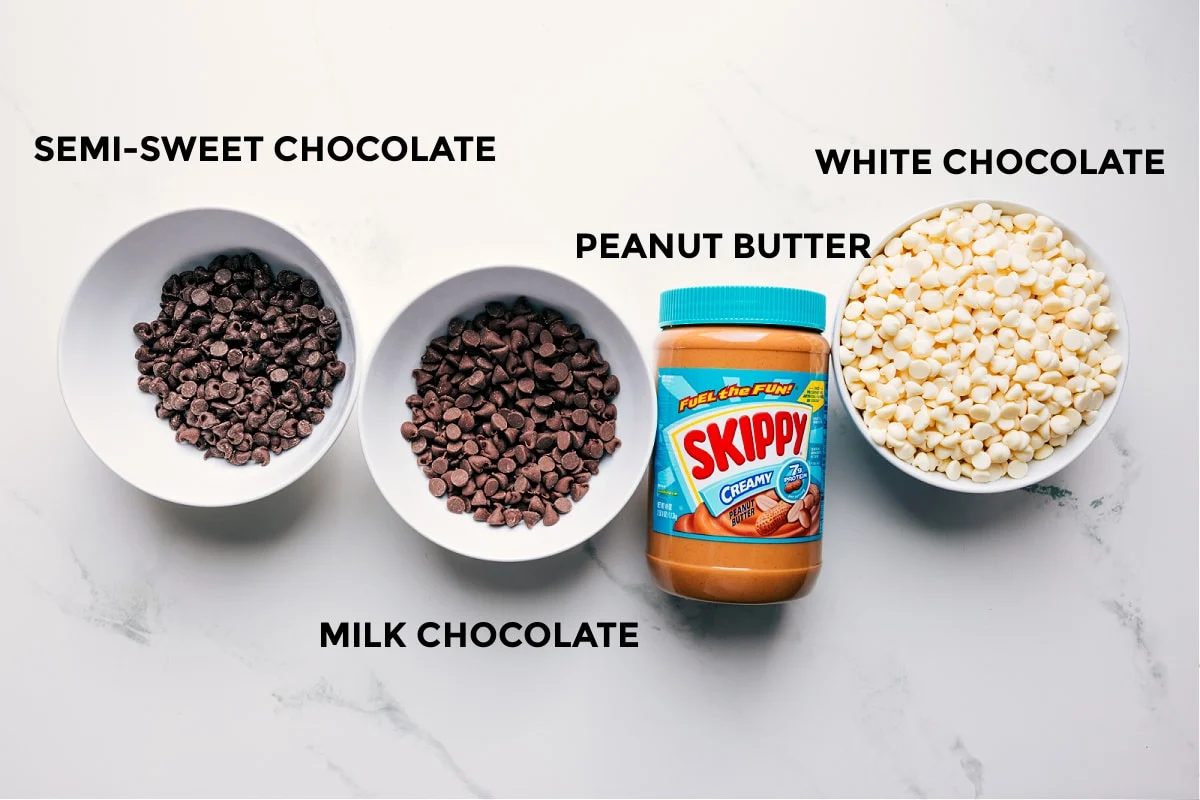 The three simple ingredients set out for straightforward assembly including the milk chocolate, peanut butter, and white chocolate.