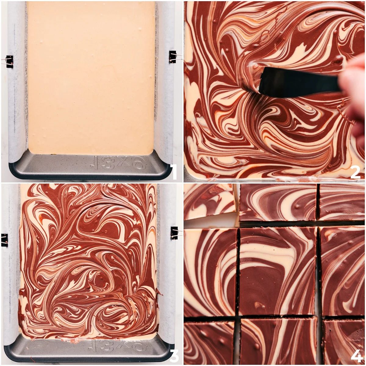 White chocolate poured into the pan with the milk chocolate peanut butter mixture swirled on top for this tiger butter fudge.