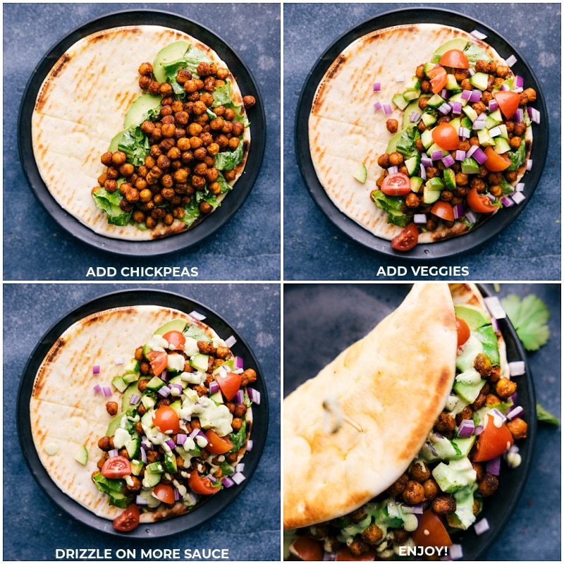The chickpeas, veggies, and sauce being added to a pita and it being wrapped together to be enjoyed