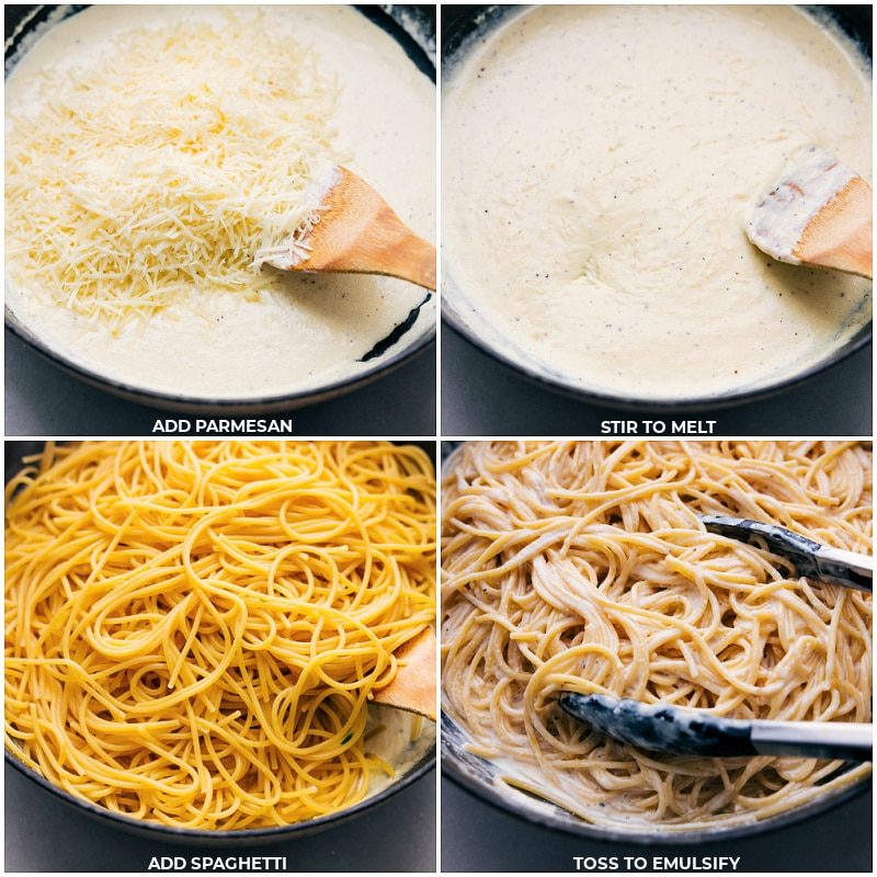 Process shots of TikTok Spaghetti--images of the Parmesan and spaghetti being added to the pot