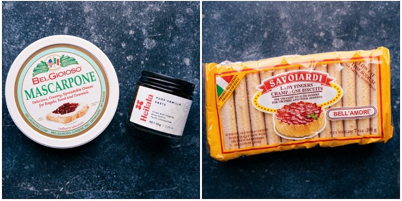 The mascarpone, vanilla paste, and lady fingers used in this recipe.
