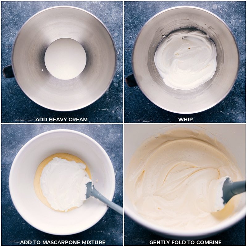 The heavy cream being whipped and then the whipped cream being added to the mascarpone mixture for this tiramisu recipe.