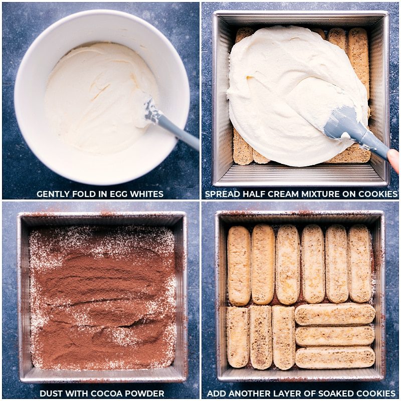 The layers being created for the Tiramisu and it dusted with cocoa powder.