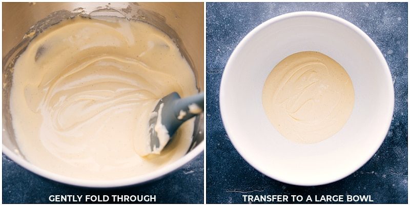 The cream mixture being transferred to a bowl.