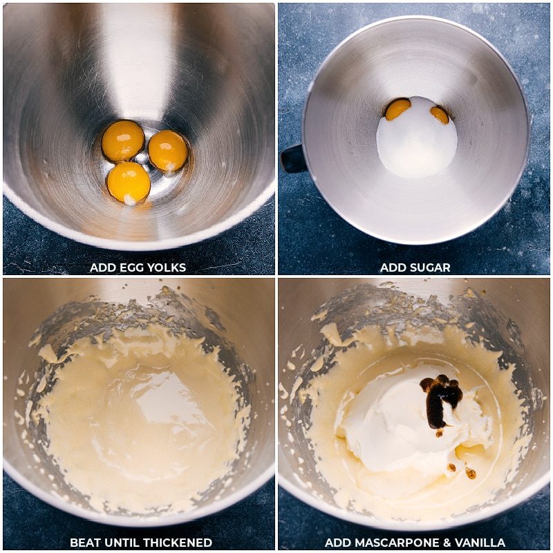 The egg yolks and sugar being beat together and then mascarpone and vanilla being added for this tiramisu recipe.