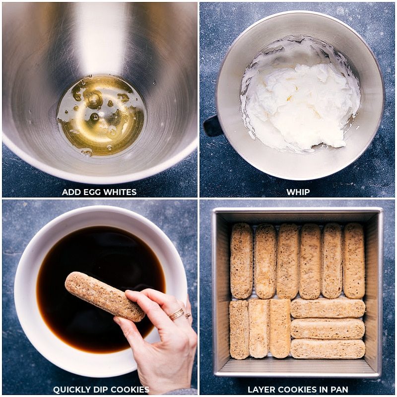 Egg whites being whipped and then the lady fingers being dipped in the coffee.