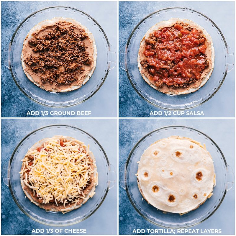 Process shots of Tortilla Pie-- images of the salsa and cheese being layered in and then the layers being repeated
