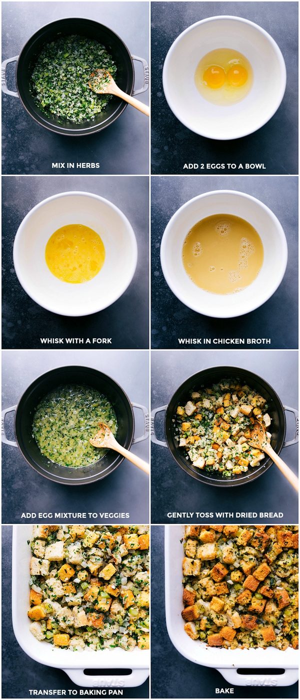 Combining and mixing ingredients, pouring them into a prepared baking pan, and baking according to the cornbread dressing recipe.