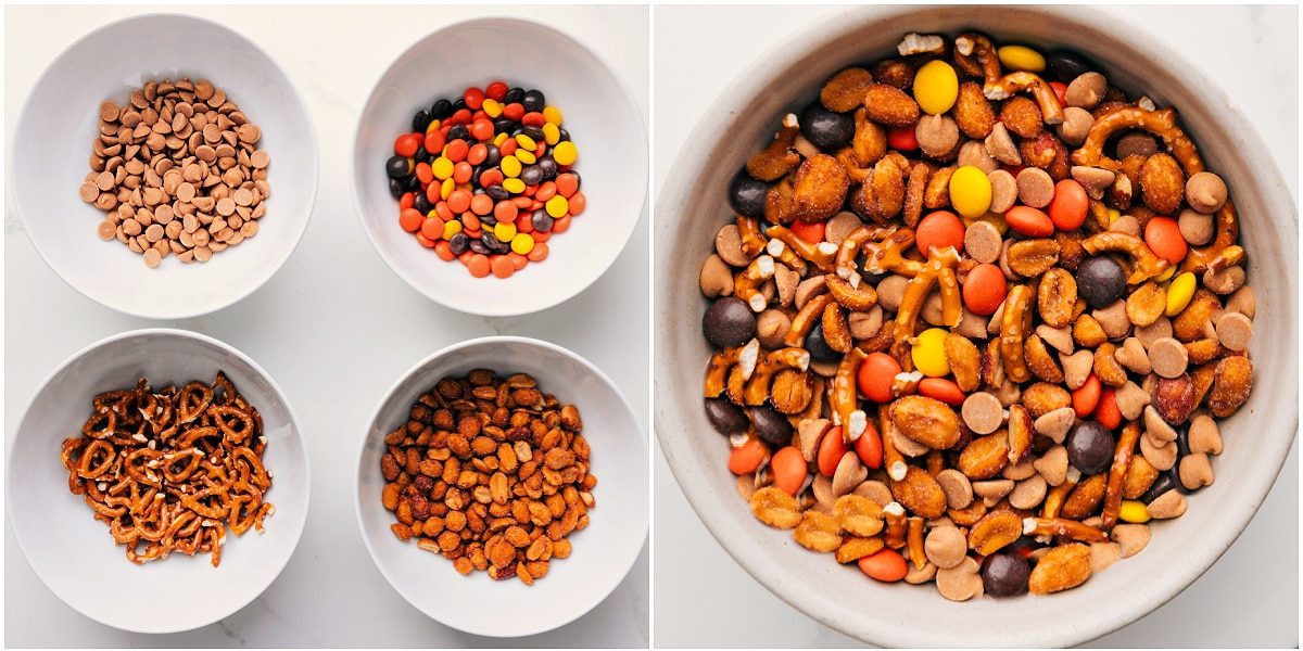 Peanut Butter Trail Mix Recipe being made with peanut butter chips, peanut butter M&M’s, pretzels, and peanuts combined in a bowl.