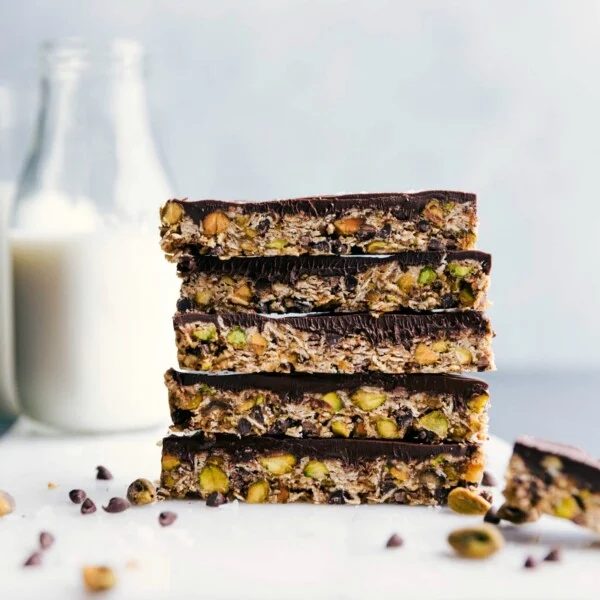 Granola bars stacked on top of each other, representing a satisfying and healthy snack.
