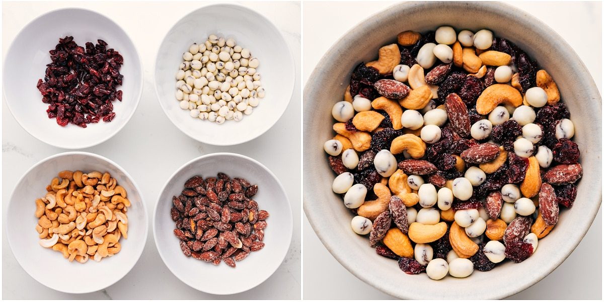 Dried Fruit Snack Mix being assembled with dried cranberries, yogurt-covered dried fruit, cashews, and almonds combined in a bowl.