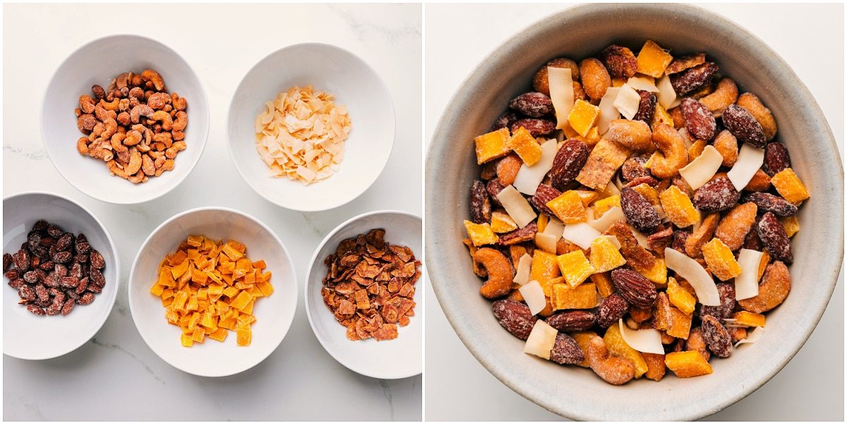 Tropical Trail Mix being made with cashews, coconut, dried mango, almonds, and banana chips combined in a bowl.