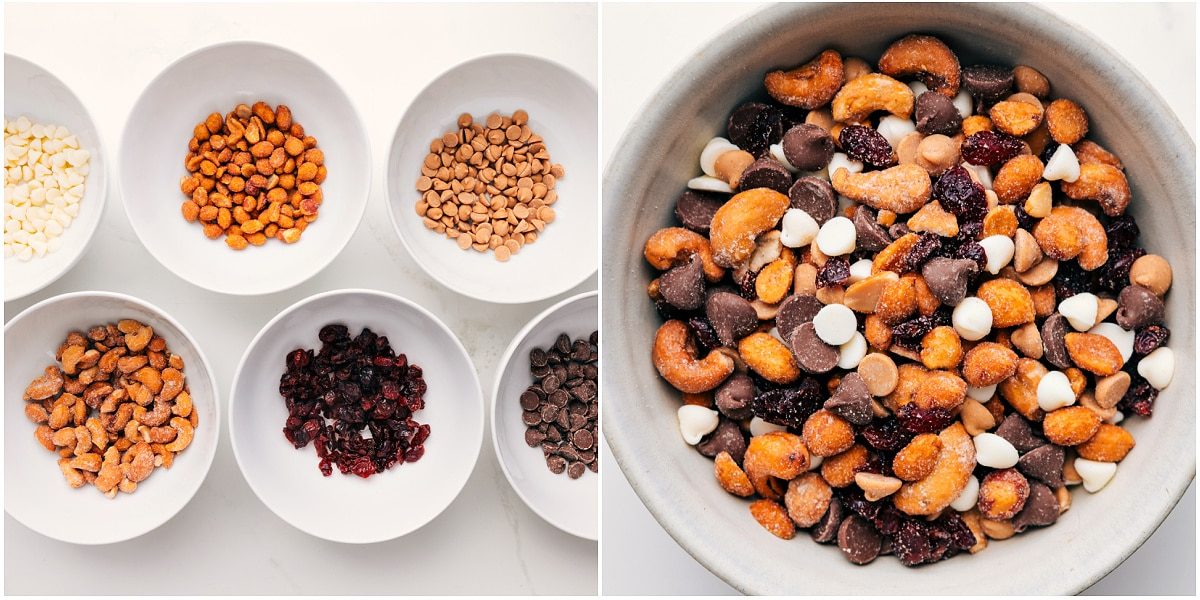 Chocolate Snack Mix being made with white and milk chocolate chips, nuts, and dried cranberries combined in a bowl.