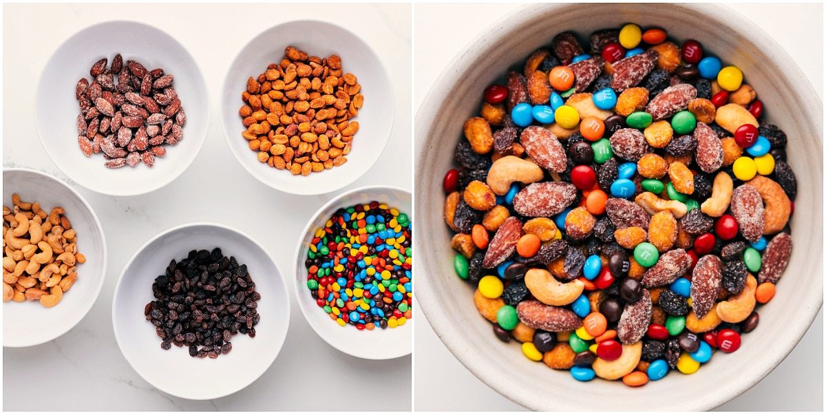 Base Trail Mix Recipe being made with nuts, raisins, and M&M’s combined in a bowl.