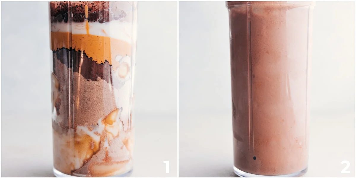 All the ingredients for this chocolate banana protein shake added to a blended and it all being blended together.
