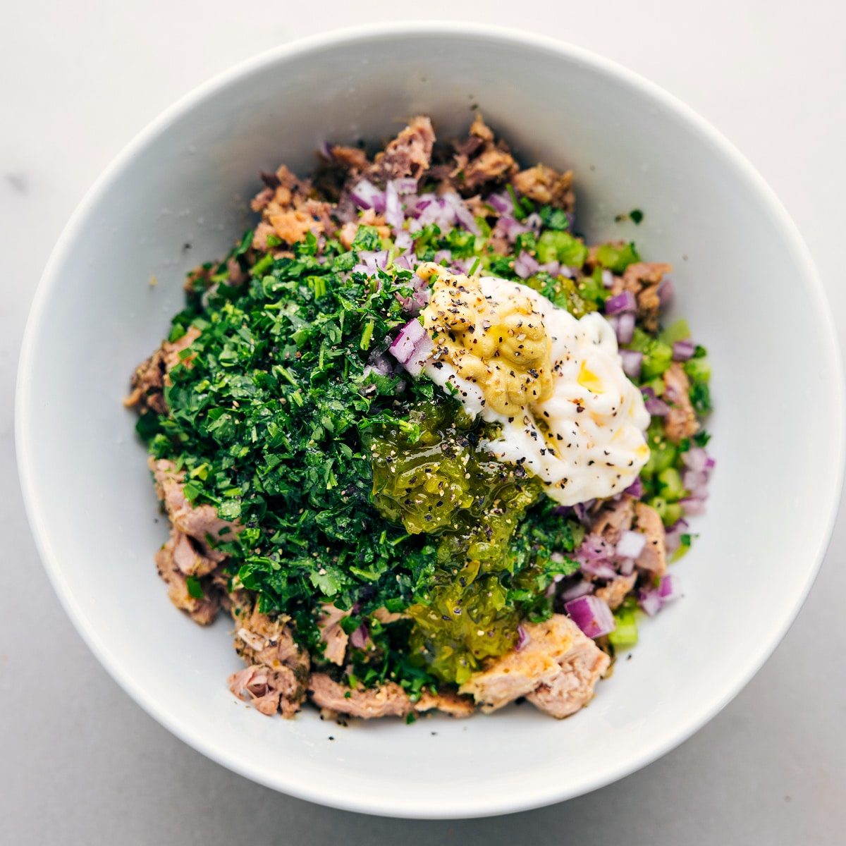 The absolute best tuna salad served in a bowl after it has been made.