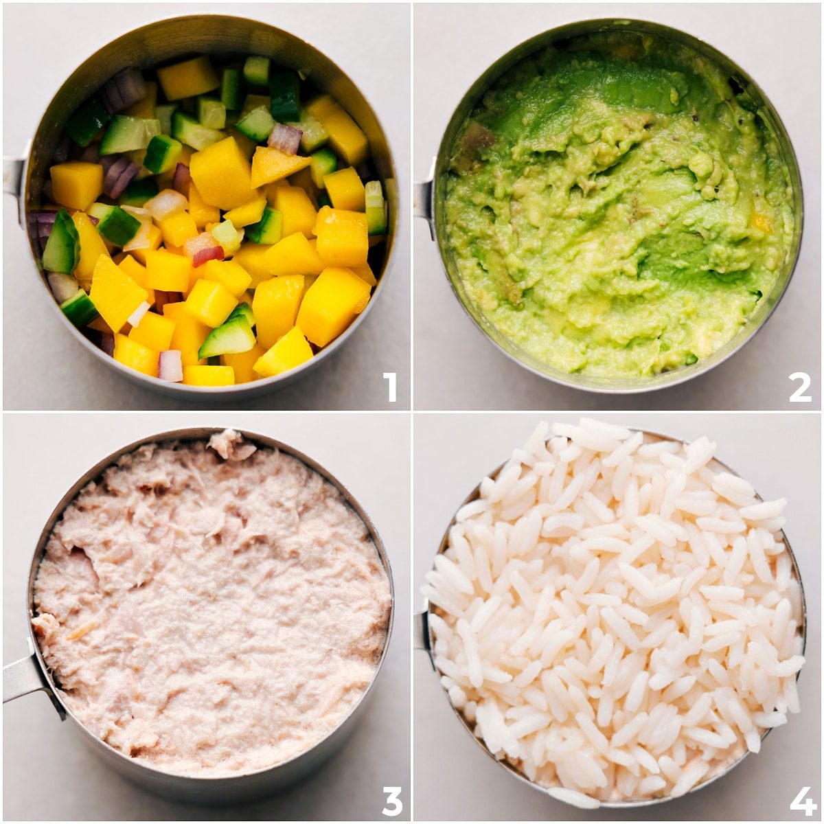 Assembling the recipe by layering the mango mix, avocado, meat, and rice in a 1-cup measuring cup.