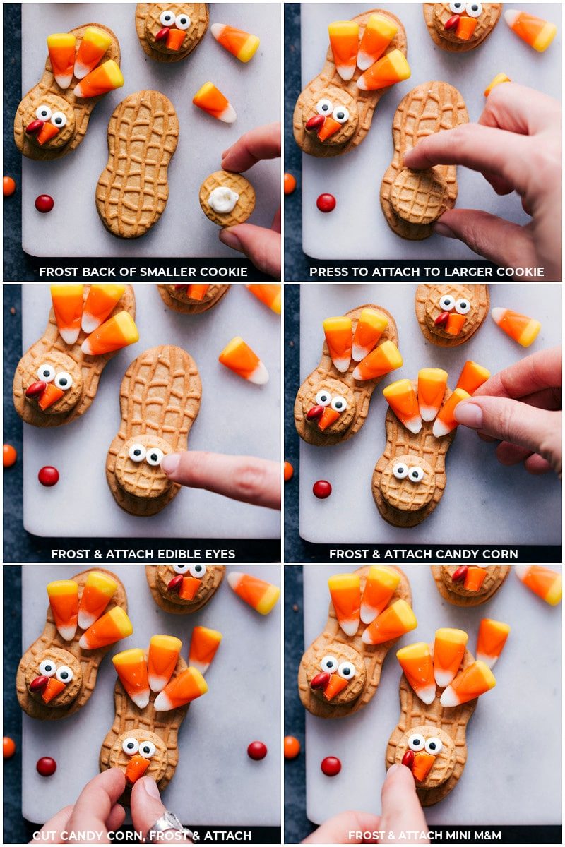 Step-by-step shots of the turkey cookies assembly: 1. frost back of smaller cookie. 2. Press to attach to larger cookie. 3. Frost and attach edible eyes. 4. Frost and attach candy corn. 5. Cut candy corn, frost, and attach. 6. Frost and attach mini M&M