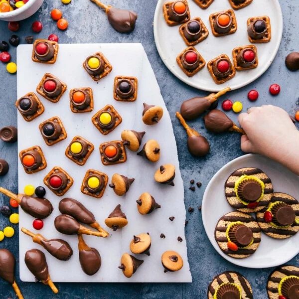 A variety of cute and satisfying Thanksgiving treats laid out, ready to be enjoyed by guests.