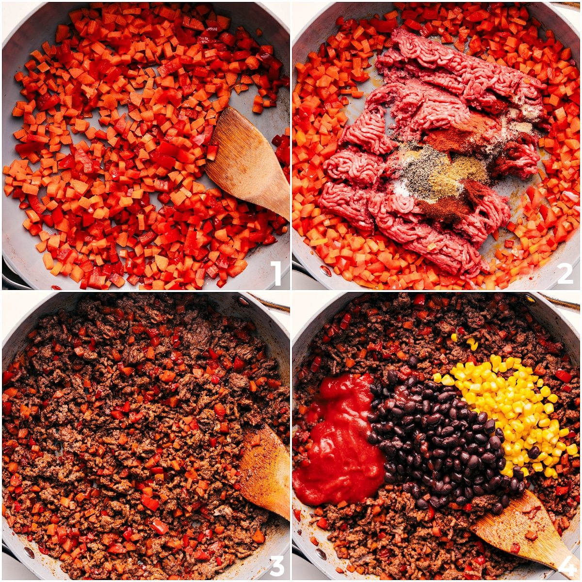 The veggies being sautéed and turkey browned with seasonings, then tomato sauce, black beans, and corn added for these turkey lettuce wraps.