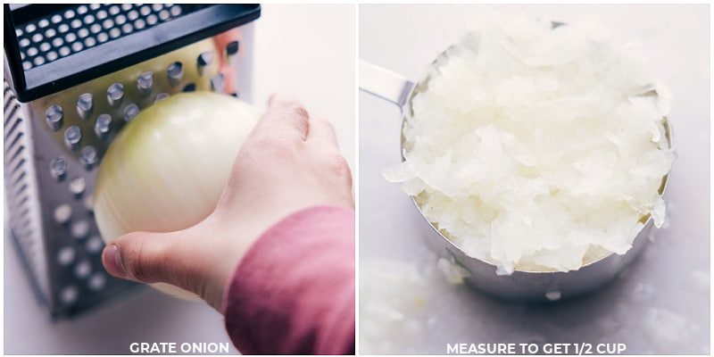 Fresh onions being finely grated, preparing them for the recipe.