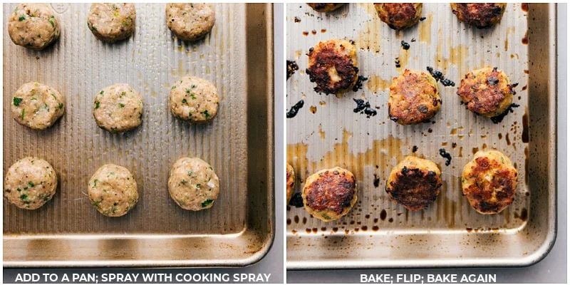 Ground turkey meatballs cooking in the oven, turning golden brown and satisfying.