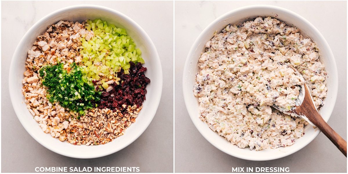 Combining ingredients for the Turkey Salad recipe in a bowl until thoroughly mixed together.