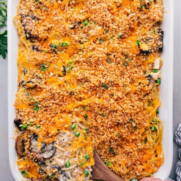 A finished dish of satisfying turkey tetrazzini, showcasing the crisp top and the mouthwatering interior.