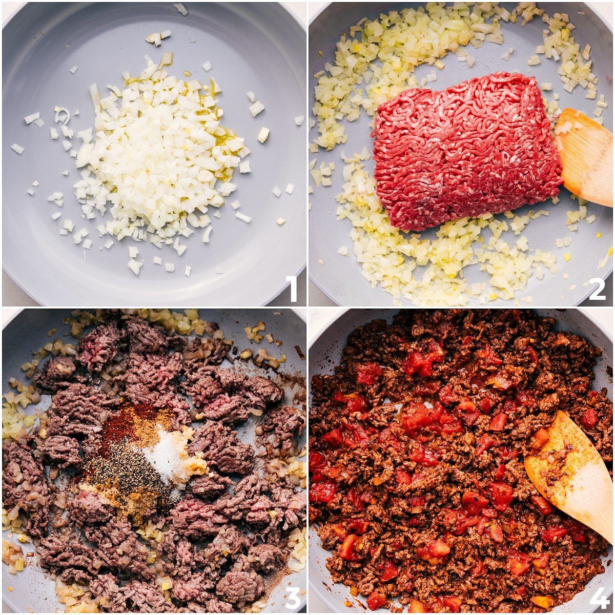 Sauté the meat, seasonings, and tomatoes in the skillet for this taco skillet recipe.