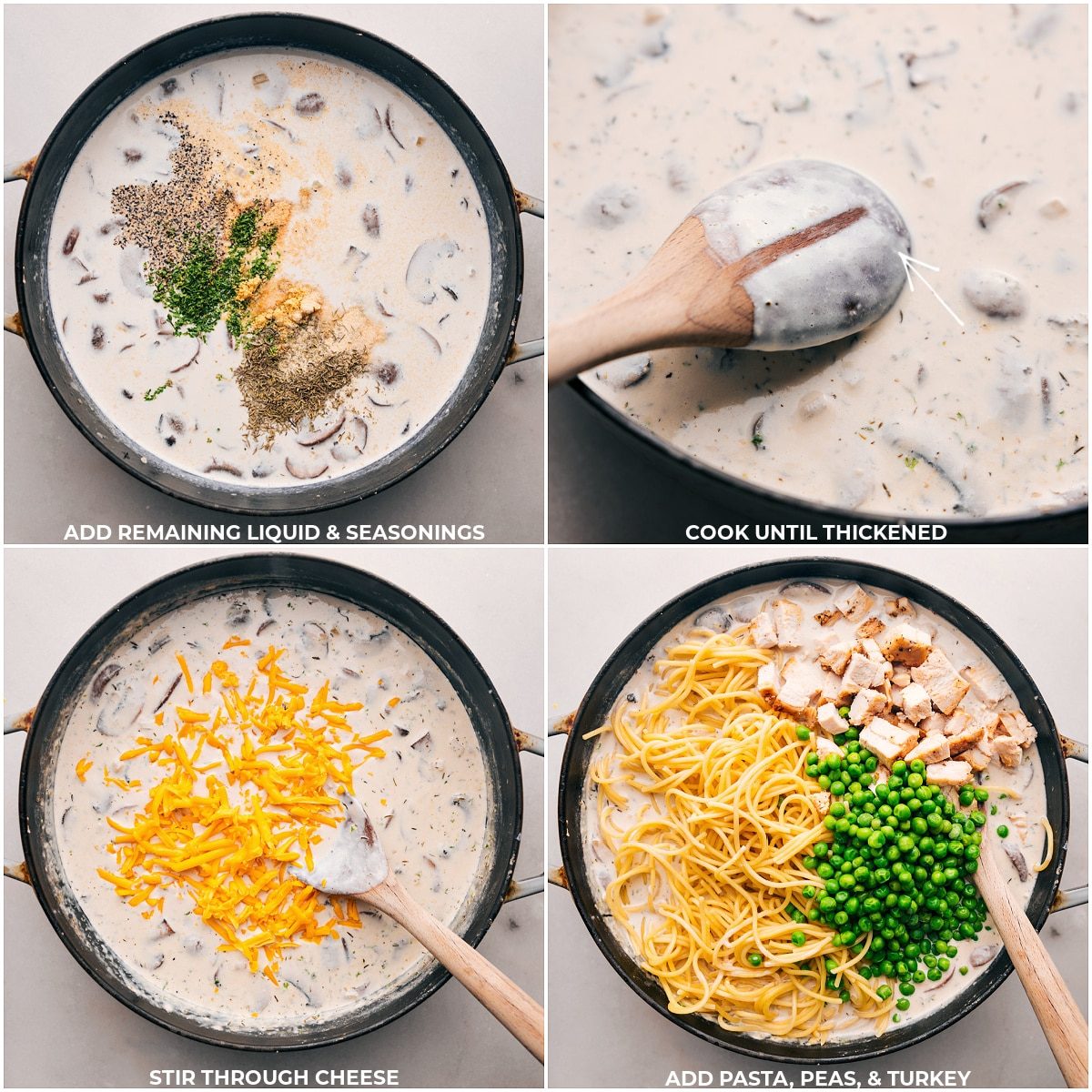 Incorporating the remaining seasonings and other ingredients into the Turkey Tetrazzini until well mixed.