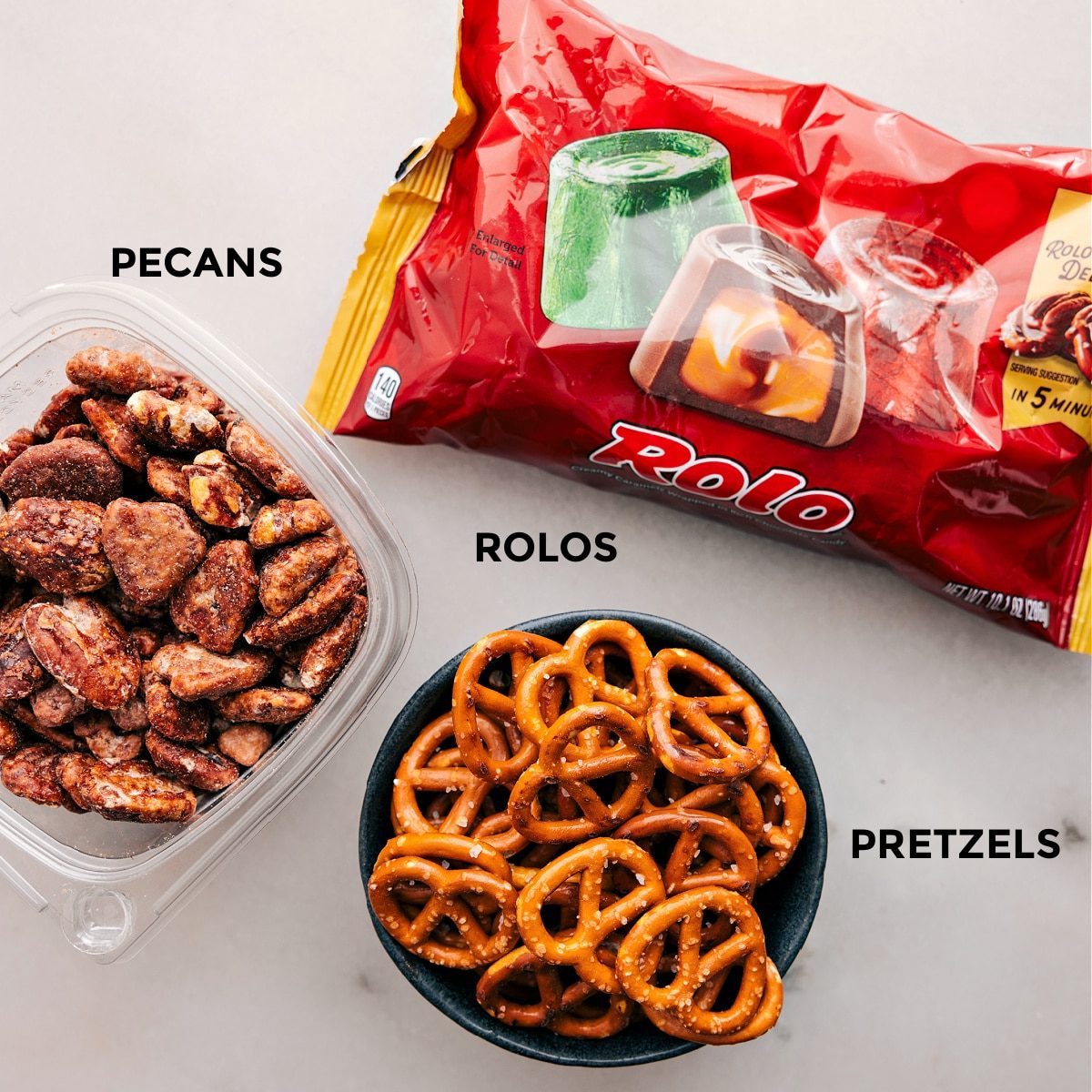 This recipe uses just 3 ingredients—Rolos, pretzels, and pecans—all prepped for straightforward assembly!