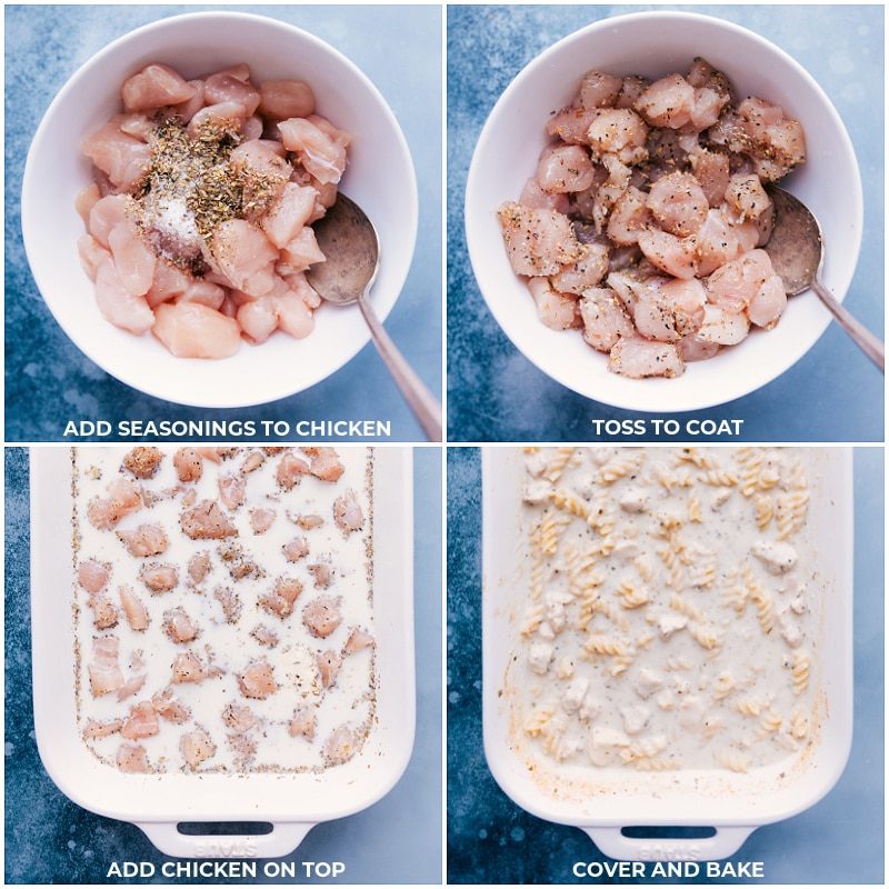 Process shots of Tuscan Chicken Pasta-- images of the chicken being seasoned, and then being added to the pan and it all being covered and bake