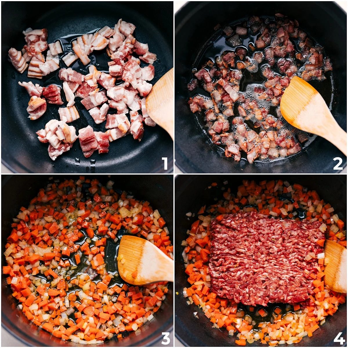 Cook the bacon until crispy, then remove it. Sauté the veggies, then add the sausage for this Tuscan soup.